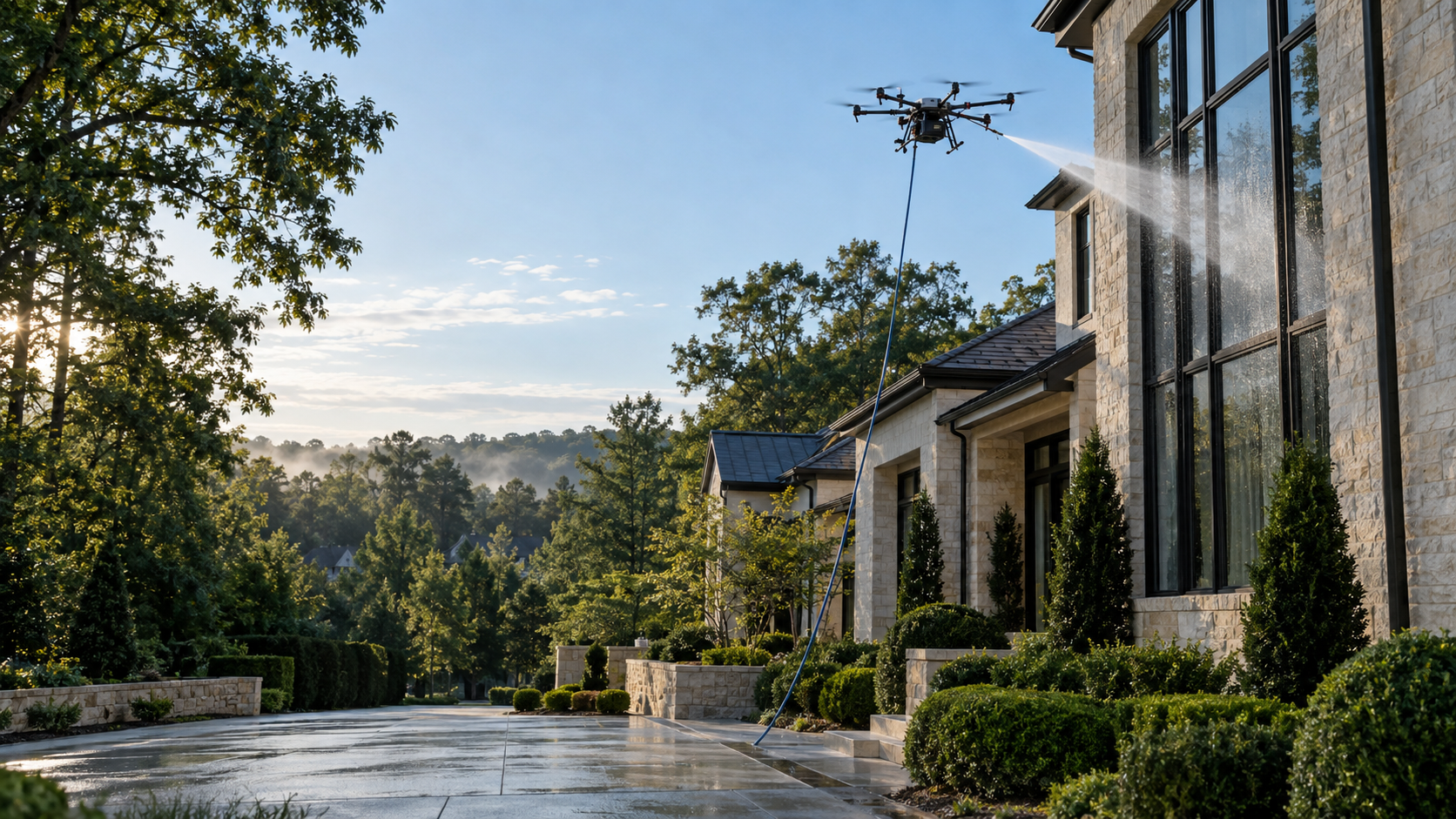 A tethered drone cleaning the upper windows of a North Atlanta estate